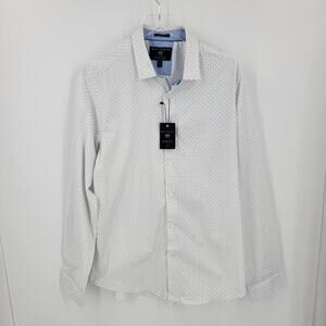 Report Collection Dress Shirt Mens XL Modern Fit White Blue Geo Print Button Up
